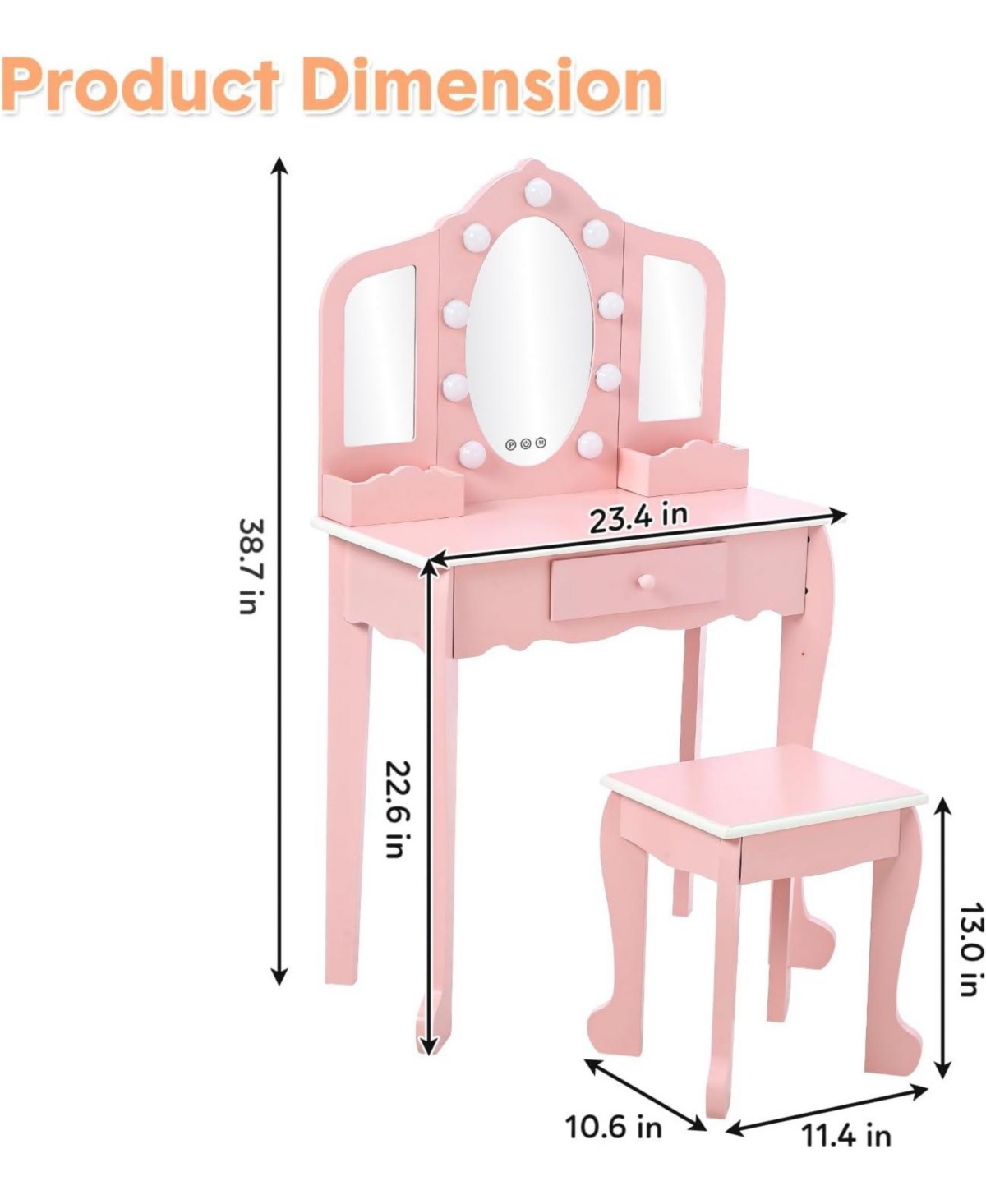 Gaomon Kids Vanity Table and Stool Set with Lighted Mirror – Makeup Vanity for Bedrooms