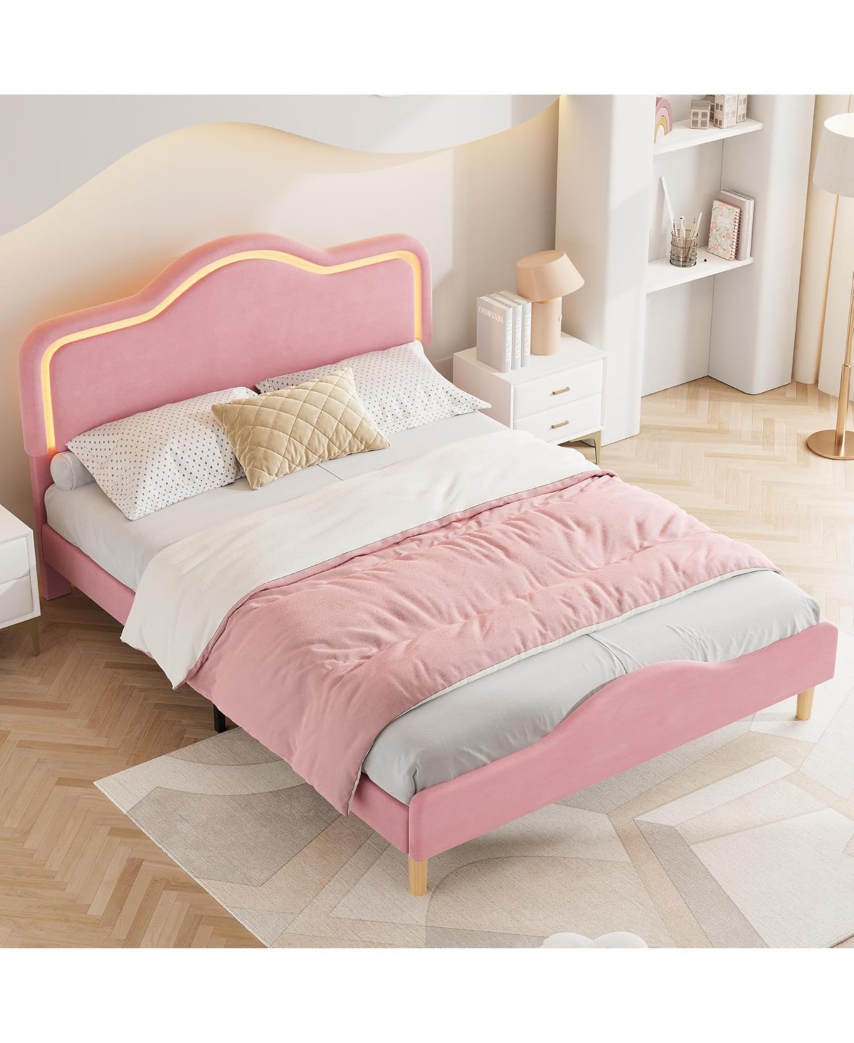 gaomon Upholstered Led Bed Frame with Adjustable Headboard and Footboard, Velvet Princess Platform Bedframe for Kids/Girls