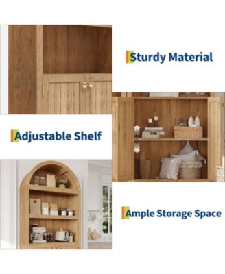 72" Modern Natural Arched Cabinet with Gold Handles – 5-Tier Wooden Pantry Cabinet with Double Doors & Adjustable Shelves