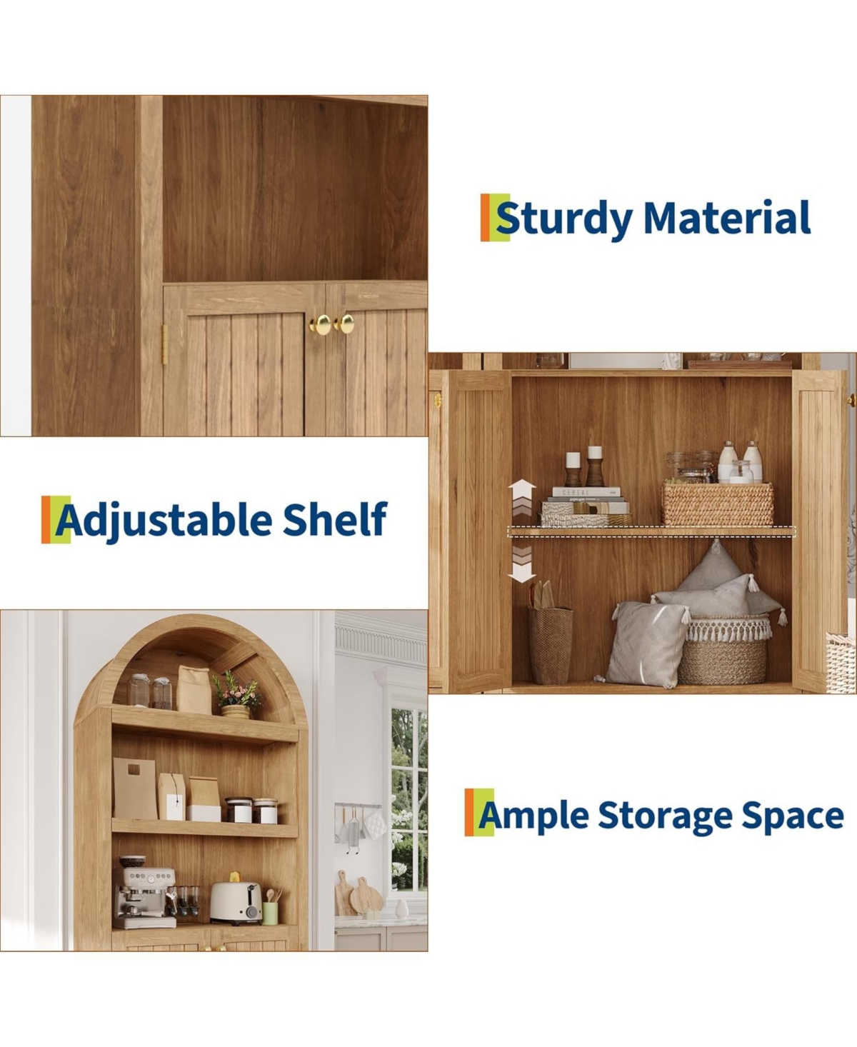 gaomon 72" Modern Natural Arched Cabinet with Gold Handles – 5-Tier Wooden Pantry Cabinet with Double Doors & Adjustable Shelves