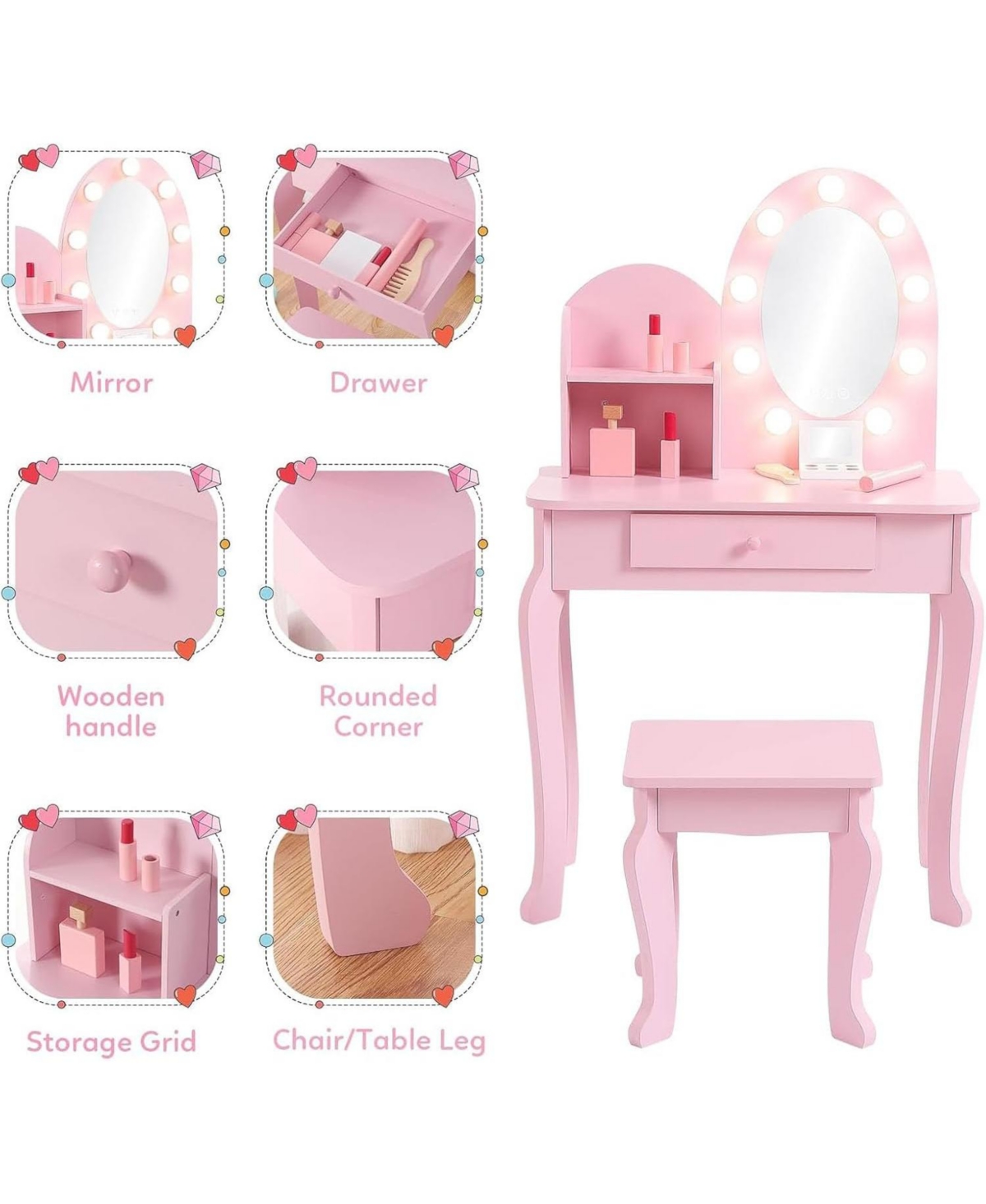 Gaomon Kids Vanity - Vanity Desk Mirror Lights - Girls Vanity for Bedrooms, Apartments, Easy to Assemble