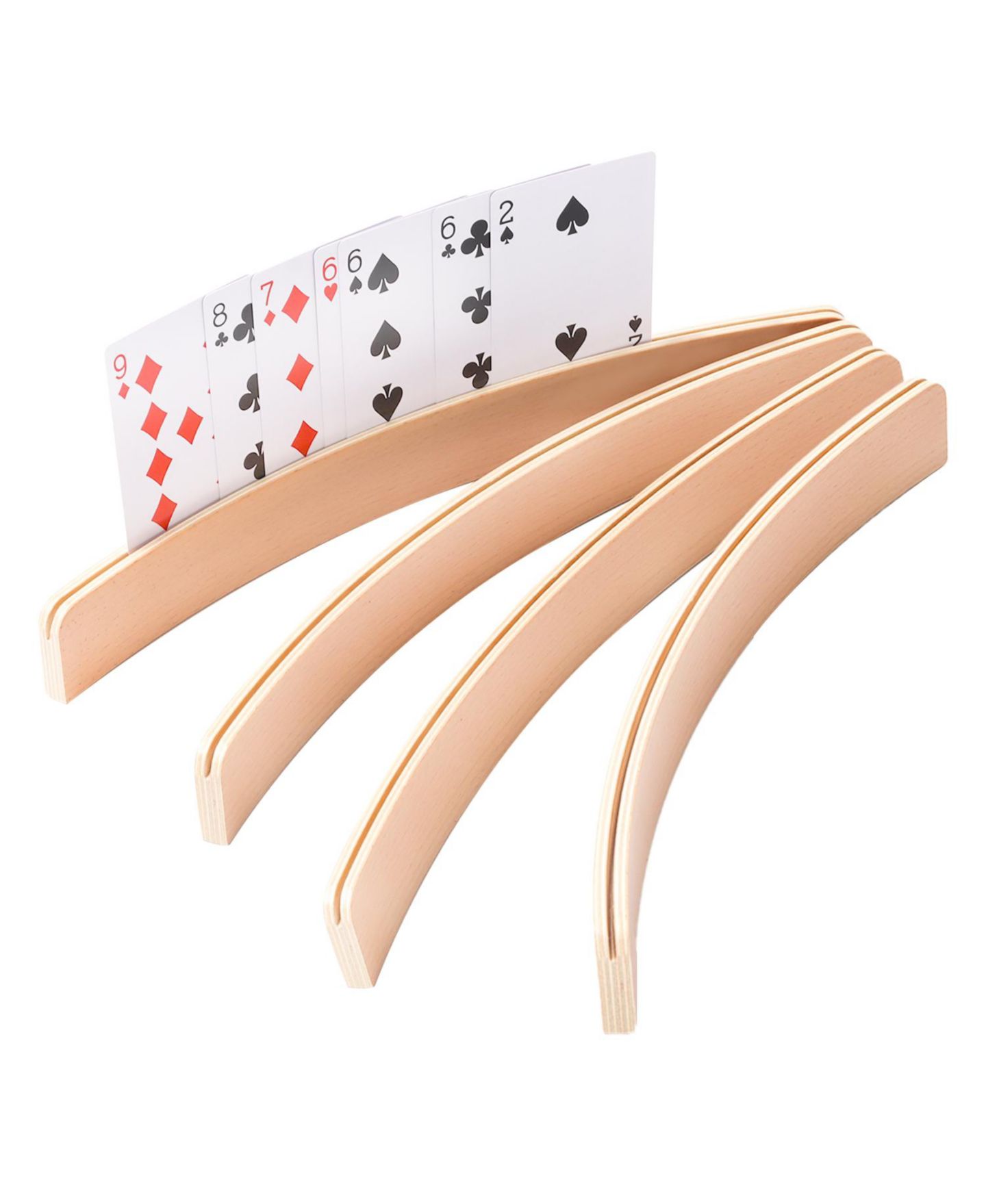 Детские игрушки GSE Games & Sports Expert Curved Wooden 4-Piece Playing Card Racks, 12.5" x 1.4", Ages 3+ — фото 1