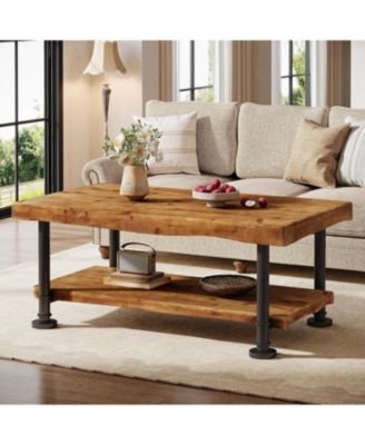Wood Coffee Table, 2-Tier Coffee Table with Storage