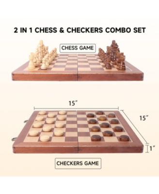 15" Large Wooden Folding 2-in-1 Chess and Checkers Board Game Set with Chess Storage Slots Drawer