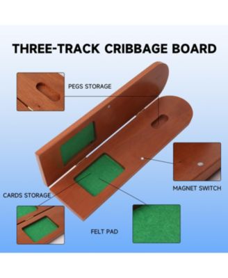 3-Track Wooden Cribbage Board Game with Playing Cards, Metal Pegs and Storage Area for Family Game