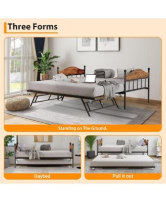Twin Day Bed with Trundle Bed, Modern Sofa Bed Frame with Foldable Design, Metal Bed Frame & Heavy Duty Steel Slats