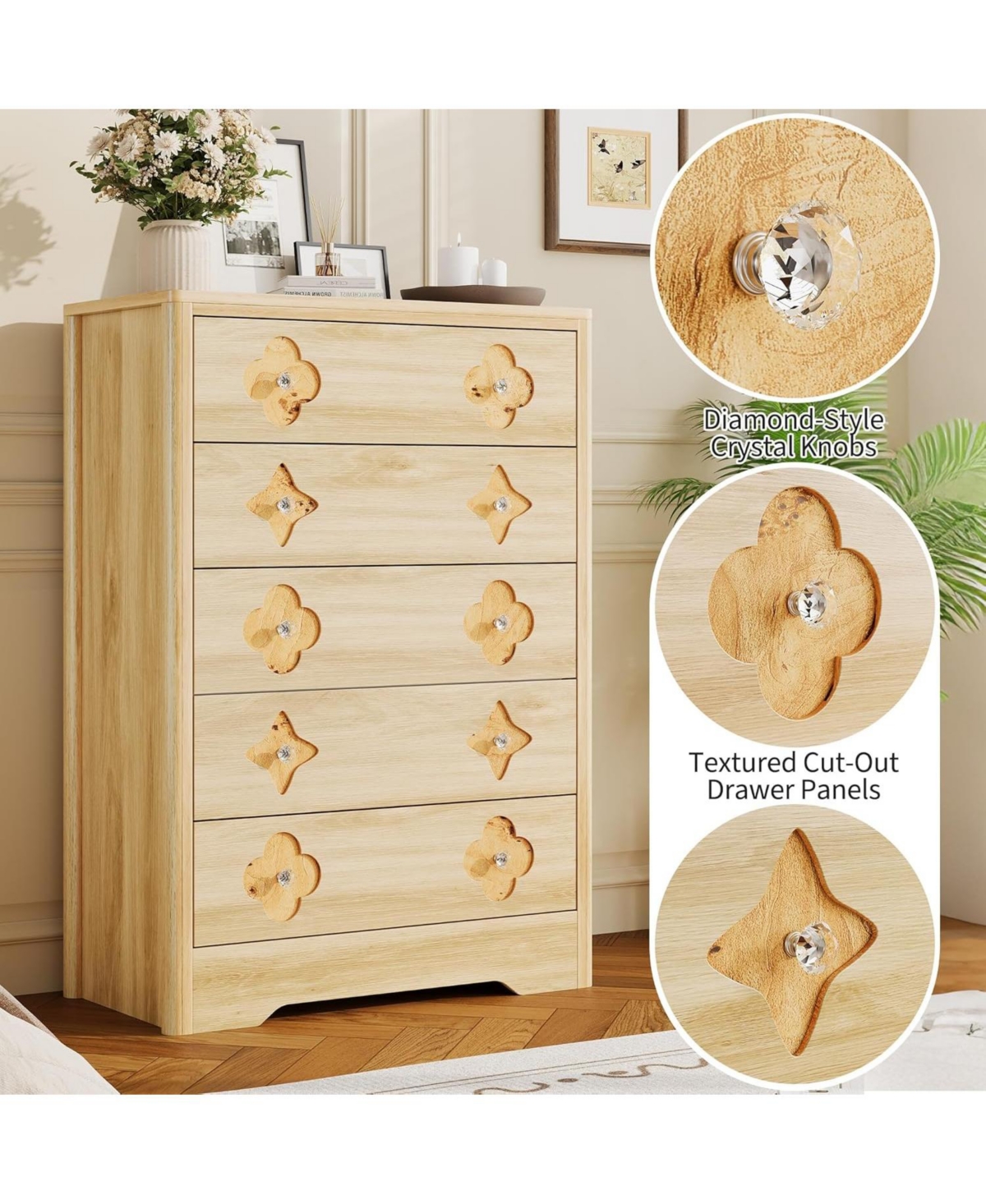 Gaomon Fluted 5-Drawer Dresser for Bedroom, 42.9" Tall Wooden Chest with Large Storage & Tv Stand Use, Beige