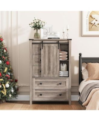 Farmhouse 5 Drawer Dresser for Bedroom, 48" Tall Wood Dresser Chest of Drawer with Sliding Barn Door, Adjustable Shelf, Storage Organizer