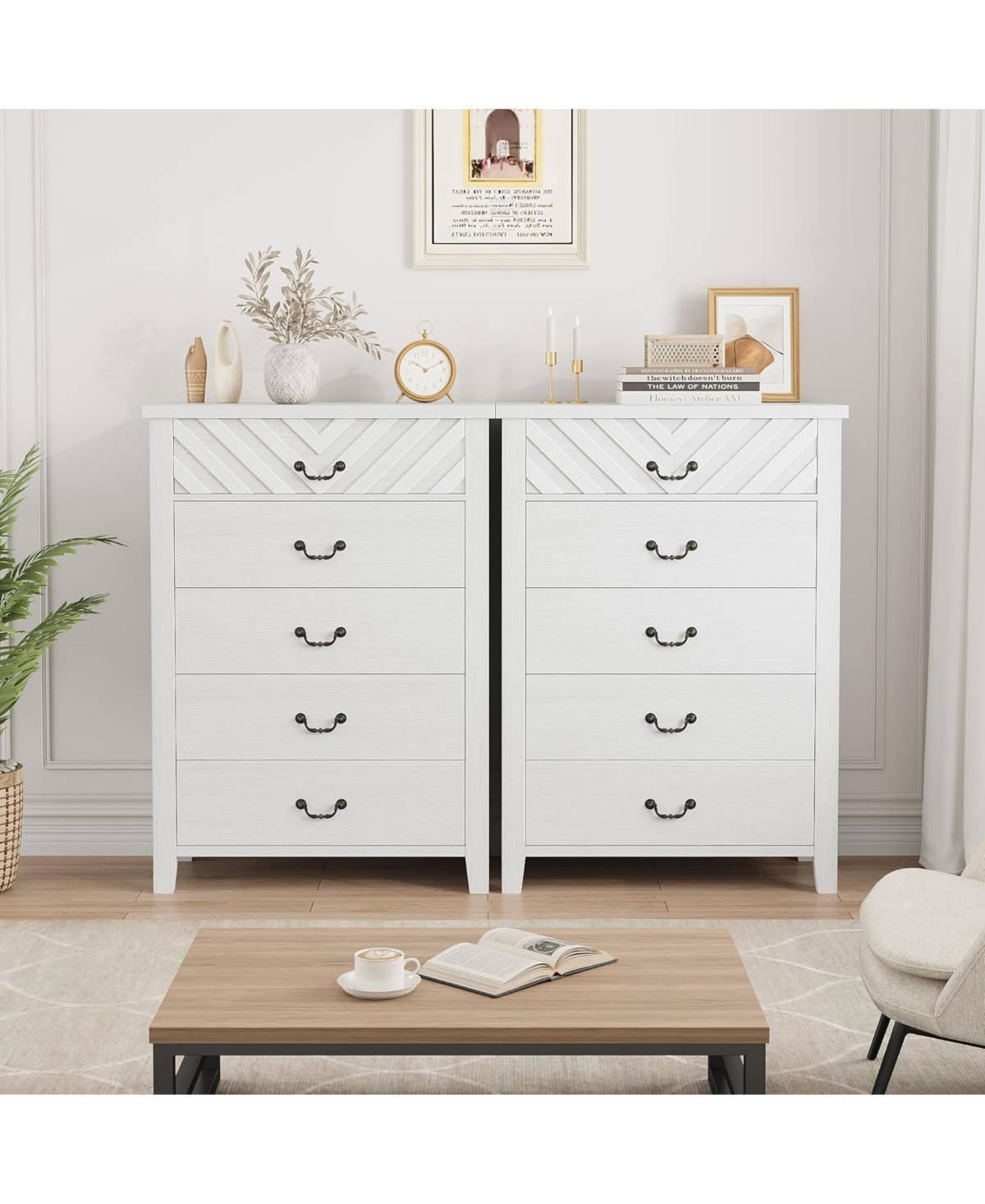 gaomon Farmhouse 5-drawer dresser, 45.2" tall vertical storage chest, freestanding wooden closet dresser for bedroom.