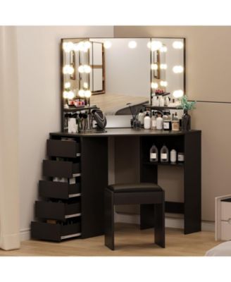 Corner Vanity and Stool - Corner Vanity Desk Mirror and Lights - Corner Makeup Vanity for Bedrooms, Apartments