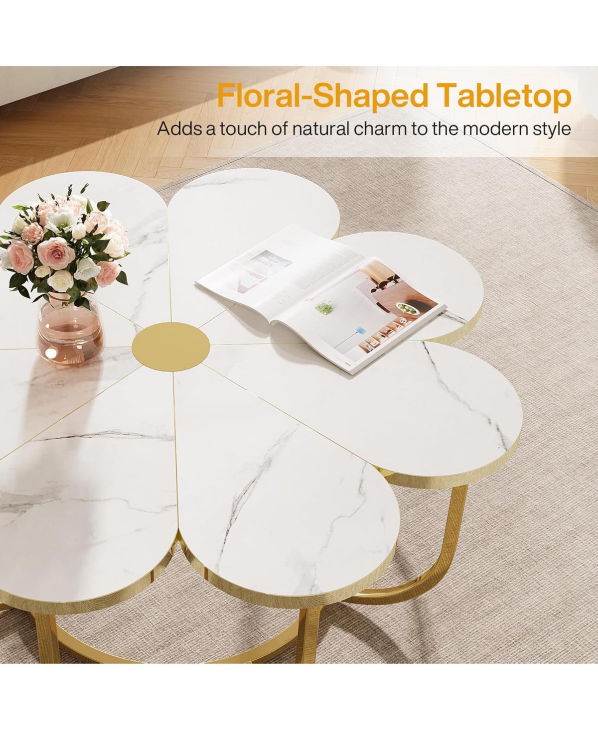 Tribesigns White and Gold Coffee Table, Flower-Shaped