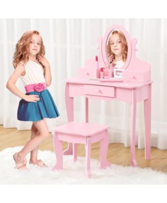 Kids Vanity Set with Mirror and Stool, Girls Wooden Makeup Playset