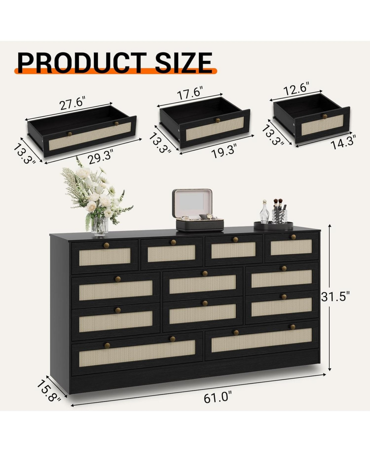 gaomon 12 Drawer Wood Dressers for Bedroom, Wooden Adult Modern Tv Stand Dresser 65 inch Tv, 61'' Wide Chest of Drawers