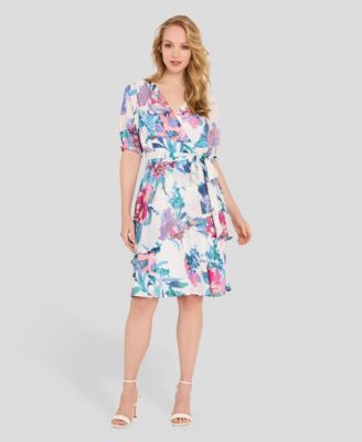 Women's Faux Wrap Printed Ruffle Hem V-Neck Dress