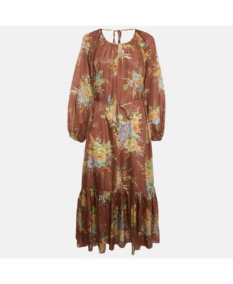 Womens Brown Floral Print Silk Belted Zinnia Dress