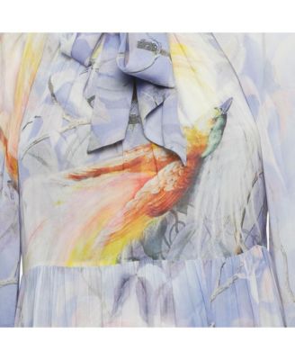 Women's Purple Floral Print Crepe Self Tie Stand Collar Dress