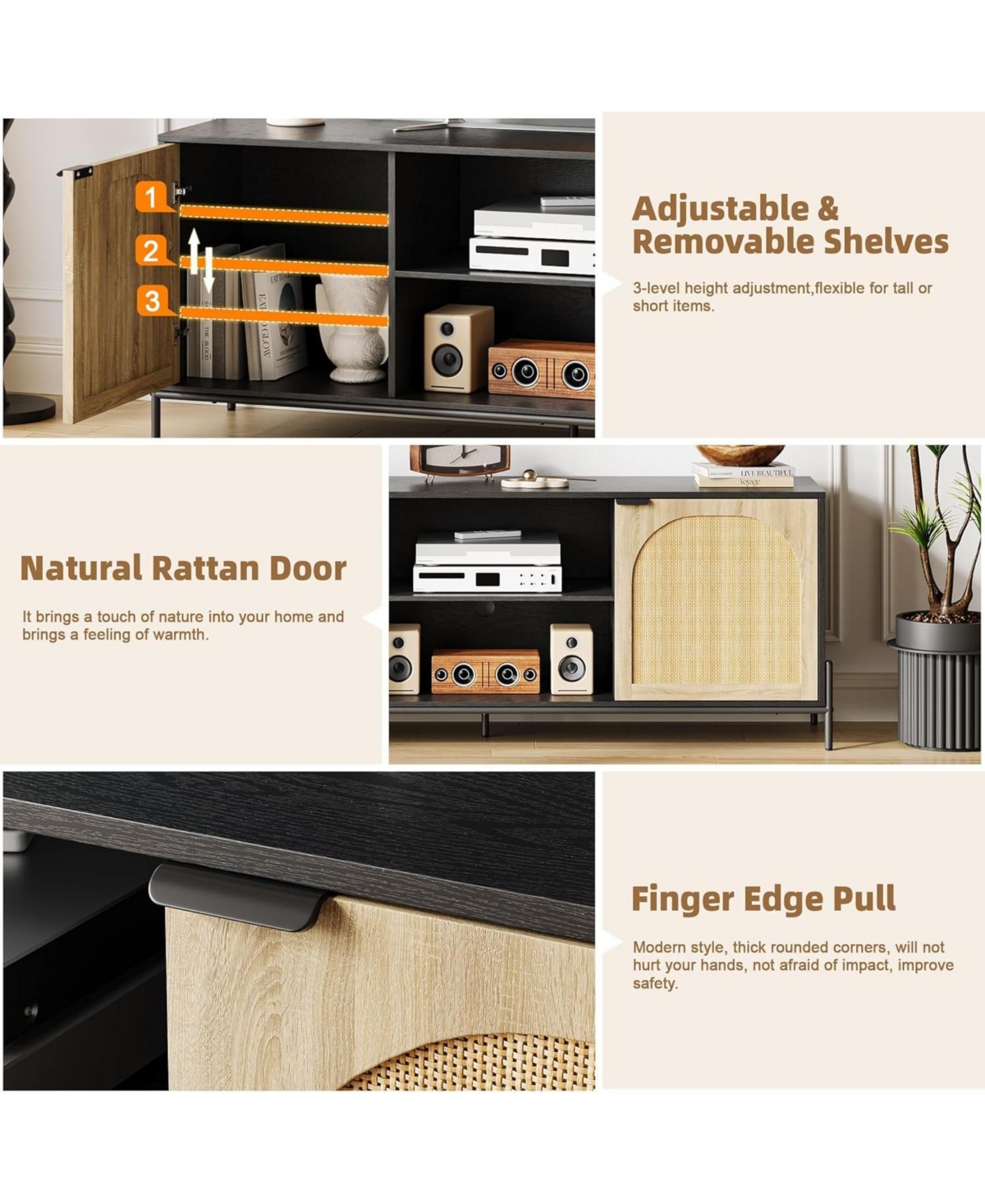 gaomon Tv Stands for Living Room, Tv Stand for 75 inch Tv with Adjustable Shelf & Rattan Door