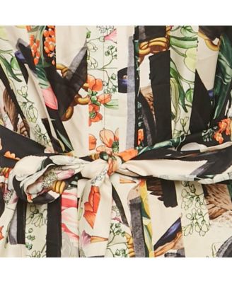 Women's Multicolor Printed Silk Button Front Belted Long Dress