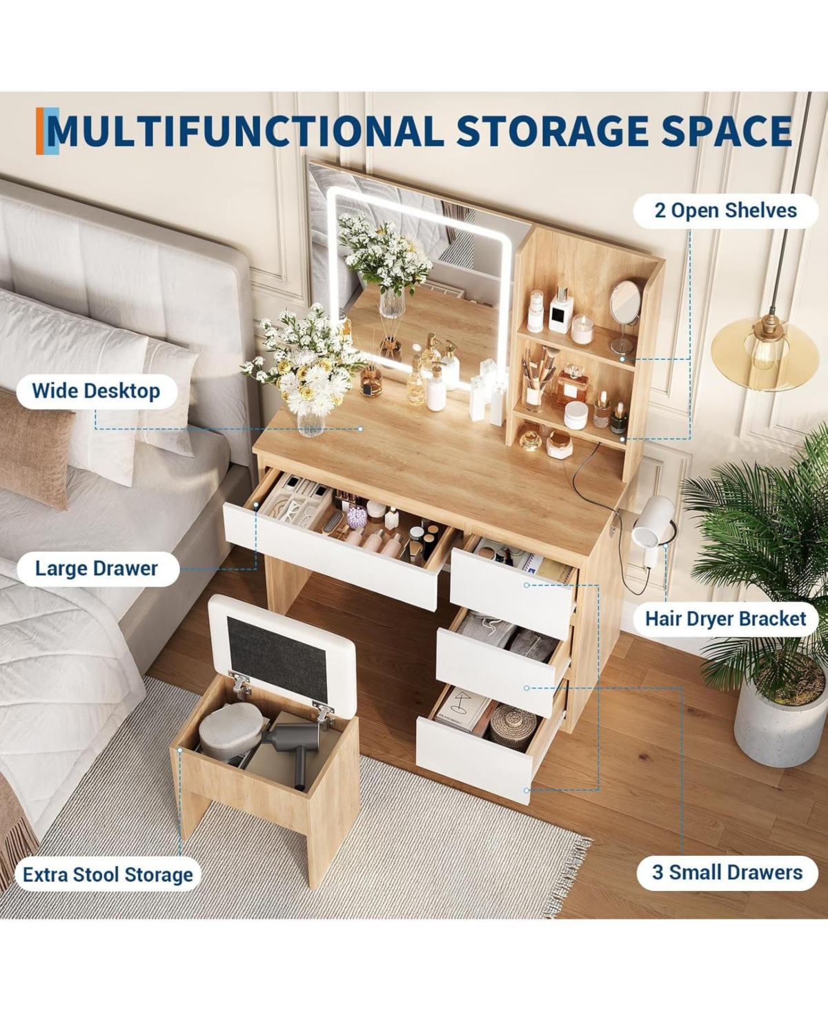 gaomon Vanity Desk Mirror and Lights - Modern Makeup Dressing Table for Bedrooms, Apartments, Easy to Assemble