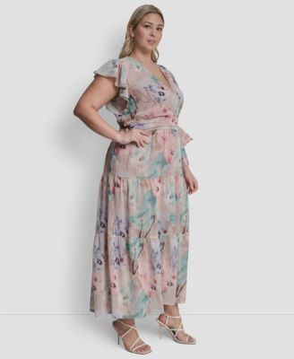 Plus Size Ruffle Short-Sleeve V-Neck Tie Waist Maxi Dress
