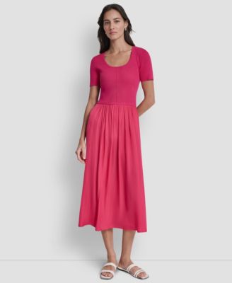 Women's Short-Sleeve Mixed Media Midi Sweater Dress