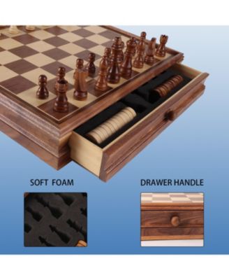 15" Large Wooden 2-in-1 Chess and Checkers Board Game Combo Set with Drawer, Chess Checker Game Set