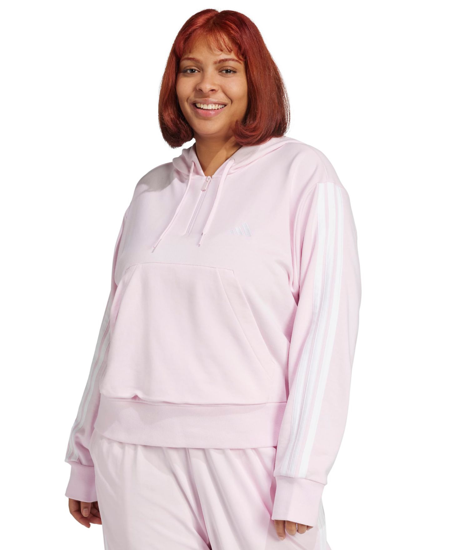 Женское худи adidas Plus Size Essentials 3-Stripes French Terry Sportswear Quarter-Zip, цвет: Прозрачный розовый / Белый — фото 1
