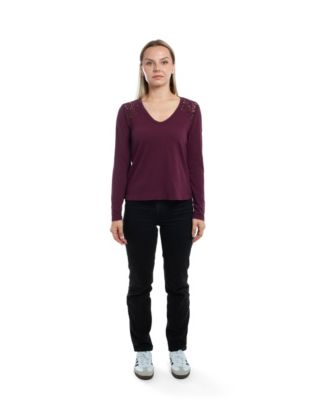 Women's V-Neck Long Sleeve Mixed Media Tee