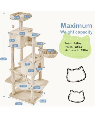 66in Cat Tree Tower: Large Multi-Cat Climbing, Extended Platform, Hammock, Pet House