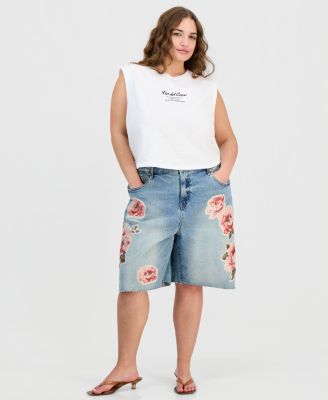 Trendy Plus Size Floral Appliqu&eacute; Denim Jorts