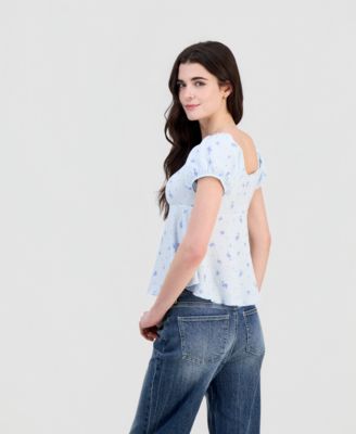 Juniors' Puff-Sleeve Peplum Top