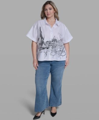 Plus Size Paris Scene Poplin Short-Sleeve Top