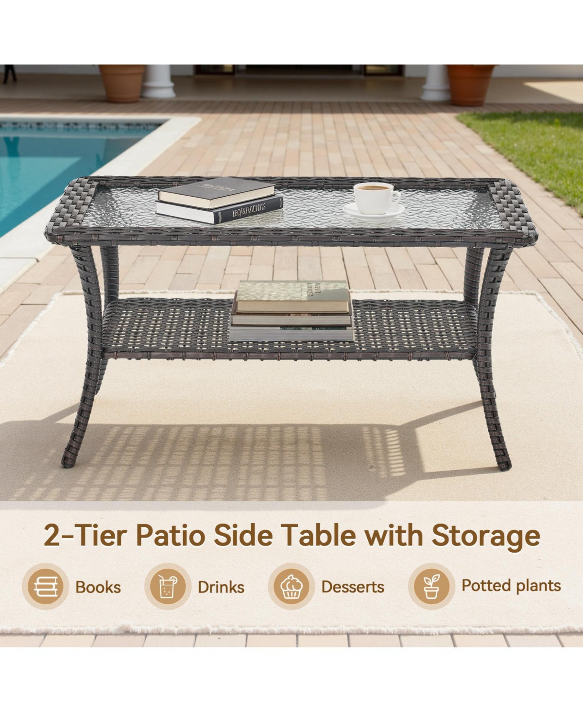 Gymojoy ArcLine Rectangle Wicker Outdoor Coffee Table with Tempered Glass Top and Storage Space