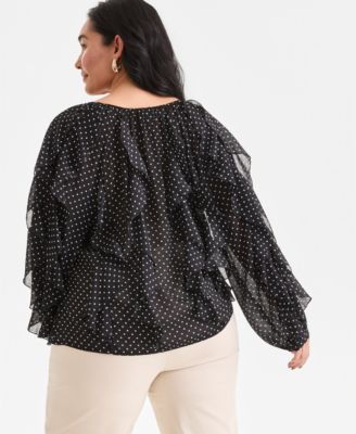 Plus Size Printed V-Neck Ruffled Blouse