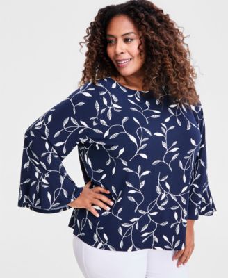Plus Size Winding Leaves Flare Sleeve Boat Neck Top