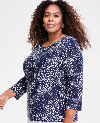 Plus Size Printed Jacquard 3/4-Sleeve Top