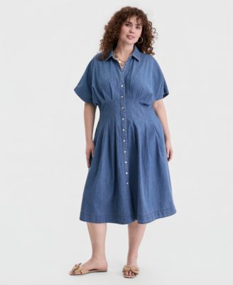 Trendy Plus Size Denim Pleated Shirtdress