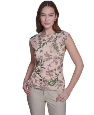 Women's Ruched Side Seam Crew Neck Floral Top
