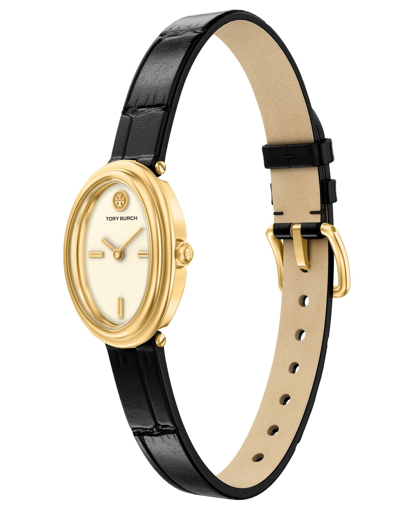 Женские овальные часы Tory Burch The Oval, две стрелки, чёрный кожаный ремешок, 22 мм — фото 4