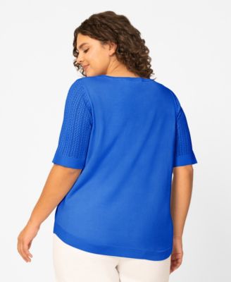 Plus Size Mixed Cable Round Hem Crewneck Sweater