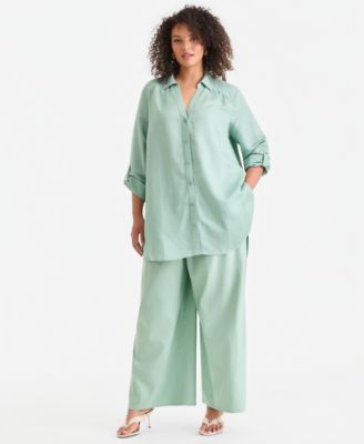 Plus Size Linen-Blend Tunic & Wide-Leg Pants
