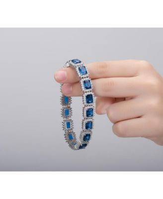 White Gold Plated with Blue Sapphire & Cubic Zirconia Rectangular Halo Cluster Link Vintage like Tennis Bracelet