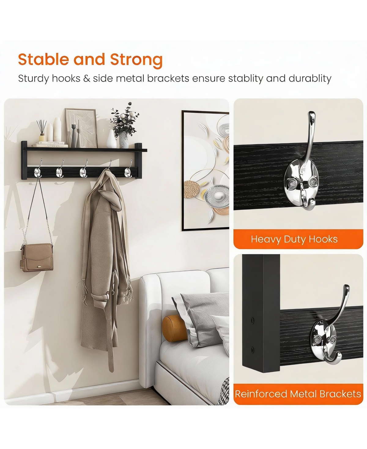 Yigii Black Oak Finish Coat Rack with Hooks and Shelf