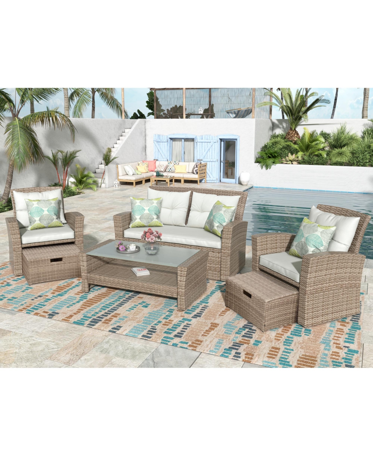 Flynama 4 Piece U Style All Weather Wicker Patio Conversation Set with Sectional Sofa Ottoman Cushions