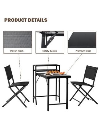 3PCS Black Outdoor Patio Bistro Set Foldable Table and Sling Back Chairs Weather Resistant No Assembly Required