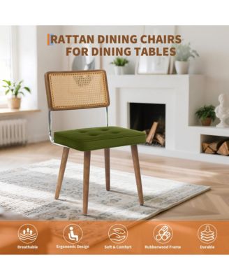 Set of 6 Natural Rattan Dining Chairs, Upholstered Seat & Solid Wood Legs, Modern Boho Kitchen Seating