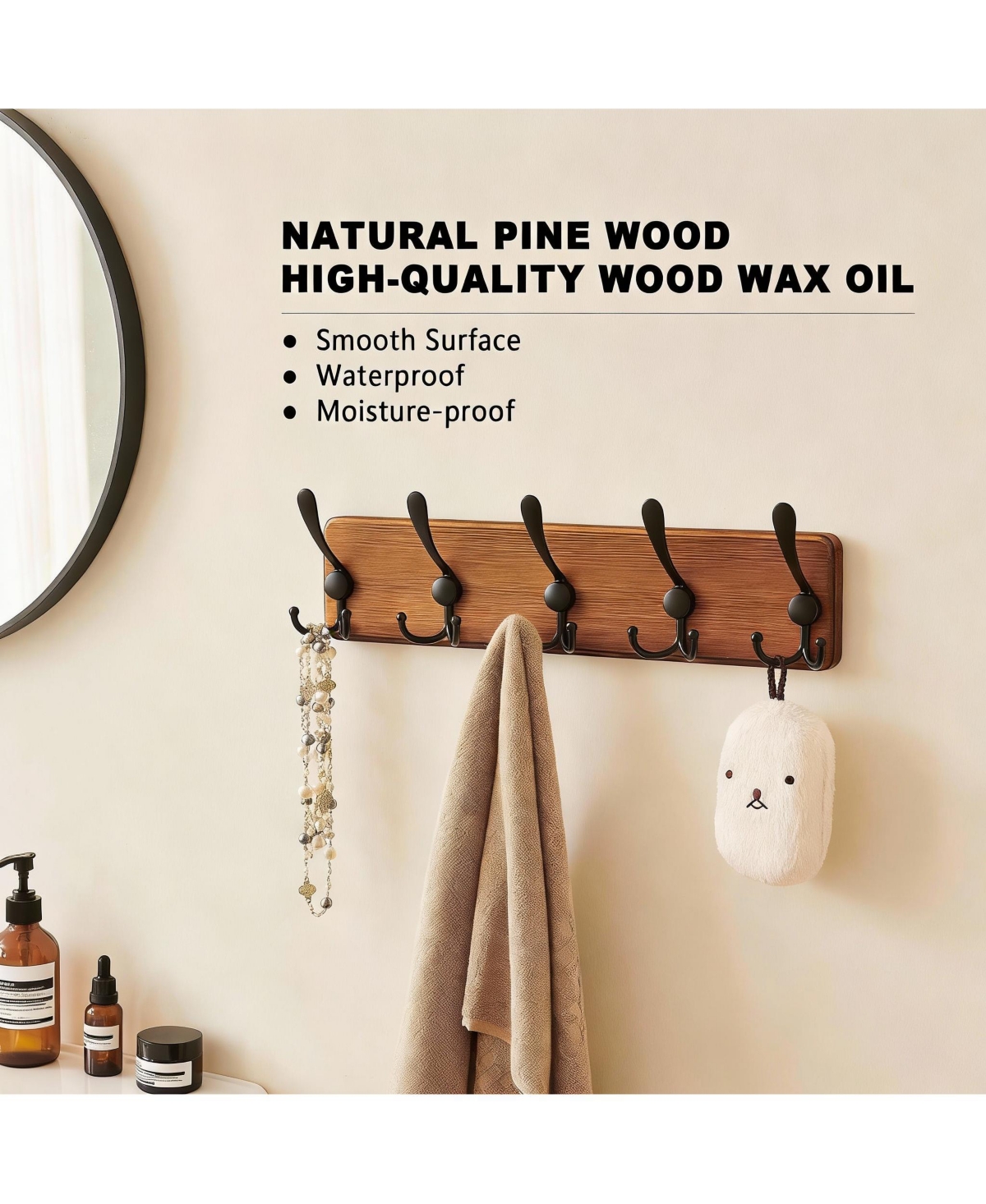 Yigii Rustic Iron Hooks Wall Rack, 5 Hooks, 45lb Load, Natural Pine Base