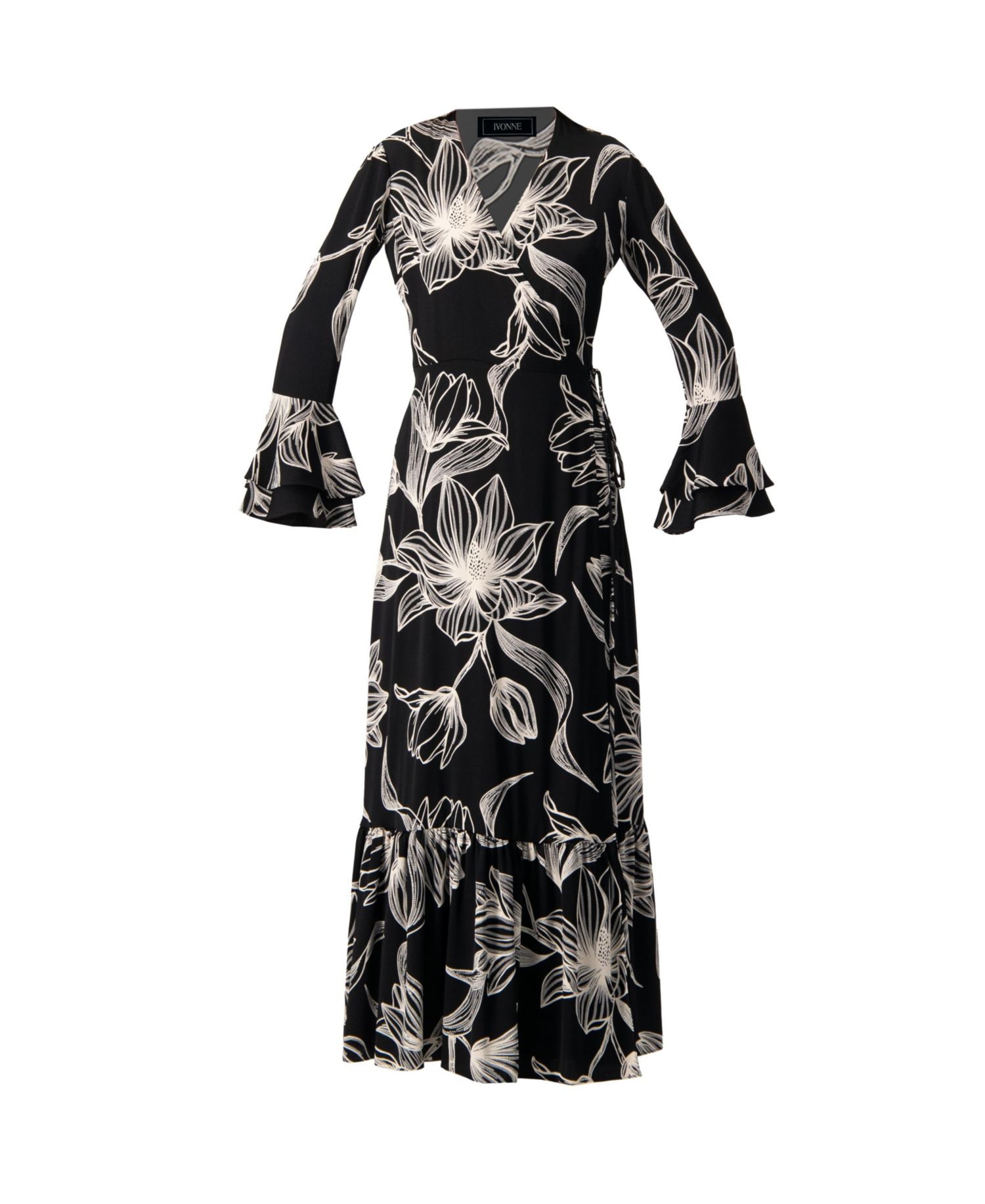 Women's Long Black Dress with Floral Print