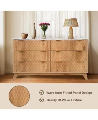 54" Wide Drip Pattern 6 Drawers Dresser with Faux Marble Top, Bedroom Chest of Dresser Wood, Curved Profile Design