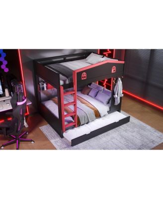  Queen Bunk Bed w/Trundle & Storage Shelves, Solid Wood, Black&Red